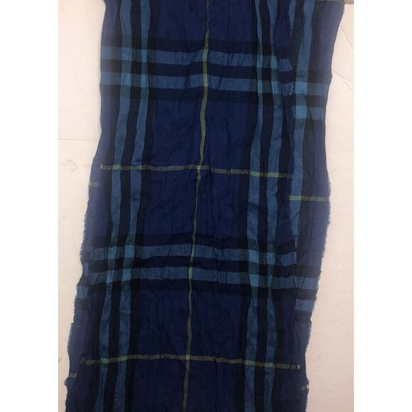 BURBERRY Cerulean Blue Check Wool Cashmere Blend Scarf Scotland 200x45 cm NEW - Picture 6 of 10